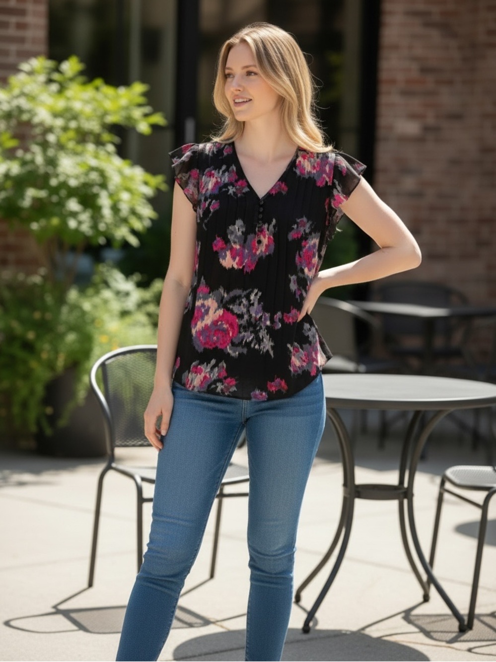 Joie Black Floral V-Neck Pintuck Flutter Top